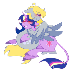 Size: 1280x1250 | Tagged: safe, artist:cubbybatdoodles, character:derpy hooves, character:twilight sparkle, species:alicorn, species:pegasus, species:pony, ship:twerpy, blushing, female, floppy ears, hug, leonine tail, lesbian, mare, rainbow ponies, shipping, simple background, sitting, transparent background, unshorn fetlocks