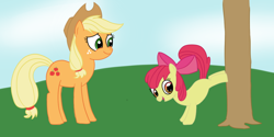 Size: 1092x545 | Tagged: safe, artist:elslowmo, character:apple bloom, character:applejack, species:earth pony, species:pony, apple sisters, applebucking, duo, duo female, female, filly, foal, mare, original artist unknown, siblings, sisters, tree