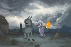 Size: 1200x800 | Tagged: safe, artist:celestiawept, character:limestone pie, character:marble pie, species:earth pony, species:pony, cloud, depressing, female, fire, mare, one eye closed, open mouth, painting, rock farm, sad