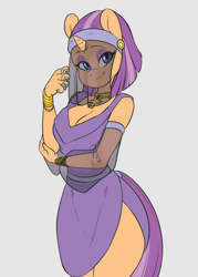 Size: 1400x1950 | Tagged: safe, artist:skecchiart, oc, oc only, oc:oasis shade, species:anthro, species:unicorn, g4, ankh, anthro oc, breasts, cleavage, clothing, dice, ear piercing, earring, egyptian, egyptian pony, female, gray background, headband, jewelry, mare, necklace, piercing, robe, side slit, simple background, solo, unicorn oc, veil