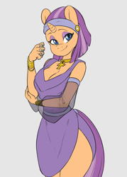 Size: 1400x1950 | Tagged: safe, artist:skecchiart, oc, oc only, oc:oasis shade, species:anthro, species:unicorn, g4, ankh, anthro oc, breasts, cleavage, clothing, dice, ear piercing, earring, egyptian, egyptian pony, female, headband, jewelry, mare, necklace, piercing, robe, side slit, solo, unicorn oc