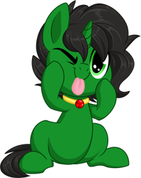 Size: 1024x1293 | Tagged: safe, artist:kellythedrawinguni, oc, oc:buckshot pellet, species:pony, species:unicorn, blep, chibi, colt, jewelry, male, necklace, silly, simple background, solo, tongue out, transparent background