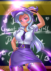 Size: 643x900 | Tagged: safe, artist:draltruist, character:trixie, species:human, episode:a matter of principals, g4, my little pony: friendship is magic, breasts, busty trixie, clothing, female, hat, humanized, magic, professor, socks, solo, teacher, thigh highs, trixie's hat, wand