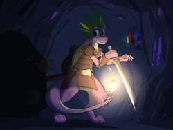 Size: 4000x3000 | Tagged: safe, artist:cheshiresdesires, character:spike, species:dragon, cave, gem, male, older spike, prehensile tail, solo, sword, weapon