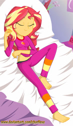 Size: 436x749 | Tagged: safe, artist:charliexe, character:sunset shimmer, my little pony:equestria girls, barefoot, belly button, black panties, black underwear, clothing, cute, eyes closed, feet, female, pajamas, panties, pants, pillow, shimmerbetes, sleeping, smiling, solo, sunset's apartment, underwear