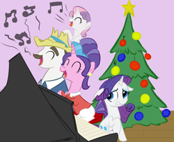 Size: 1314x1080 | Tagged: safe, artist:elslowmo, artist:rubrony, character:cookie crumbles, character:hondo flanks, character:rarity, character:sweetie belle, species:pony, species:unicorn, ship:cookieflanks, bad singing, christmas tree, colored, eyes closed, female, filly, floppy ears, gritted teeth, male, mare, music notes, open mouth, piano, shipping, singing, sitting, sour note, stallion, tree