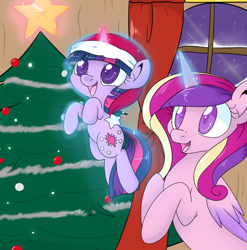 Size: 950x960 | Tagged: safe, artist:lustrous-dreams, character:princess cadance, character:twilight sparkle, species:alicorn, species:pony, species:unicorn, ask filly twilight, christmas, christmas tree, clothing, cute, cutedance, female, filly, hat, holiday, mare, santa hat, tree, twiabetes