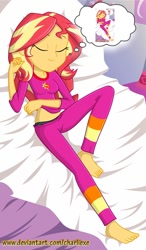 Size: 436x748 | Tagged: safe, artist:charliexe, edit, character:sunset shimmer, my little pony:equestria girls, barefoot, belly button, black panties, black underwear, clothing, droste effect, eyes closed, feet, female, happy, pajamas, panties, pants, pillow, recursion, sleeping, smiling, solo, thought bubble, underwear