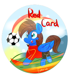 Size: 1915x1991 | Tagged: safe, artist:lynchristina, oc, oc only, oc:red card, species:pegasus, species:pony, badge, commission, digital art, football, freckles, happy, male, open mouth, signature, smiling, solo, sports, stallion