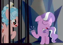 Size: 1936x1400 | Tagged: safe, artist:squipycheetah, character:cozy glow, character:diamond tiara, species:earth pony, species:pegasus, species:pony, episode:school raze, g4, my little pony: friendship is magic, bars, cage, cozybuse, darkness, disappointed, eyes closed, female, filly, foal, freckles, headcanon, hell, jewelry, offering, prisoner, raised hoof, sad, story in the source, story included, surprised, tartarus, tiara