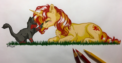 Size: 3956x2047 | Tagged: safe, artist:emberslament, artist:gaelledragons, character:sunset shimmer, species:pony, species:unicorn, blushing, boop, chest fluff, collaboration, colored pencil drawing, colored pencils, crossover, cute, duo, ear fluff, eyes closed, female, happy, litten, lying down, mare, marzae, photo, pokémon, pokémon sun and moon, shimmerbetes, smiling, traditional art