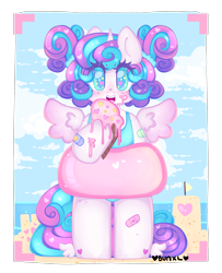 Size: 3000x3700 | Tagged: safe, artist:bunxl, character:princess flurry heart, species:alicorn, species:pony, clothing, cute, female, filly, flurrybetes, food, ice cream, inner tube, one-piece swimsuit, semi-anthro, solo, swimsuit