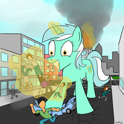 Size: 1000x1000 | Tagged: safe, artist:rapidstrike, character:lyra heartstrings, species:human, destruction, giantess, humie, irrational exuberance, macro, that pony sure does love humans