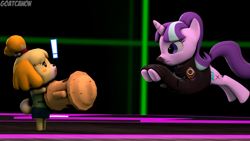 Size: 3840x2160 | Tagged: safe, artist:goatcanon, character:starlight glimmer, species:dog, 3d, animal crossing, communism, crossover, duo, facial hair, fight, final destination, gyroid, isabelle, moustache, source filmmaker, stalin glimmer, super smash bros., wrong cutie mark