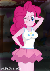 Size: 1024x1473 | Tagged: safe, artist:danielitamlp, character:pinkie pie, g4, my little pony: equestria girls, my little pony:equestria girls, arm behind head, bedroom eyes, blushing, breasts, busty pinkie pie, clothing, cute, cutie mark on clothes, female, hand on hip, looking at you, miniskirt, one eye closed, skirt, smiling, solo, wink