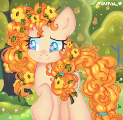 Size: 3400x3318 | Tagged: safe, artist:bunxl, character:pear butter, species:earth pony, species:pony, cute, female, flower, flower in hair, heart eyes, mare, pearabetes, solo, starry eyes, weapons-grade cute, wingding eyes
