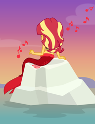 Size: 1024x1334 | Tagged: safe, artist:mlp-trailgrazer, character:sunset shimmer, my little pony:equestria girls, clothing, female, mermaid, mermaidized, music notes, ocean, rear view, rock, sitting, solo, species swap, sunset shimmer day, water