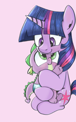 Size: 660x1056 | Tagged: safe, artist:mamatwilightsparkle, character:spike, character:twilight sparkle, character:twilight sparkle (unicorn), species:dragon, species:pony, species:unicorn, baby, baby dragon, baby spike, blushing, cute, cutie mark, diaper, fangs, female, filly, filly twilight sparkle, holding, hug, looking at each other, male, mama twilight, scales, simple background, smiling, spikabetes, sweet, sweet dreams fuel, tumblr, tumblr:mama twilight sparkle, twiabetes, younger