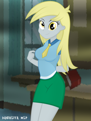 Size: 1024x1364 | Tagged: safe, artist:danielitamlp, character:derpy hooves, my little pony:equestria girls, breasts, busty derpy hooves, clothing, female, looking at you, necktie, pointing, shirt, skirt, smiling, stupid sexy derpy