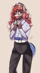 Size: 1800x3250 | Tagged: safe, artist:orfartina, oc, oc only, oc:pepper lark, species:anthro, species:pony, anthro oc, bandage, belt, bow, clothing, coffee, commission, digital art, eyeshadow, female, hair bow, hat, high res, jeans, looking at you, makeup, mare, mascara, pants, shirt, smiling, solo, ych result