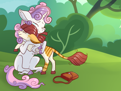 Size: 1024x768 | Tagged: safe, artist:loryska, character:sweetie belle, oc, oc:clarabelle, parent:pipsqueak, parent:sweetie belle, parents:sweetiesqueak, species:pony, species:unicorn, cloven hooves, female, filly, hug, mother and daughter, offspring, older