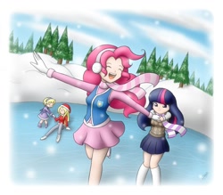 Size: 1000x875 | Tagged: safe, artist:jdan-s, character:derpy hooves, character:dinky hooves, character:pinkie pie, character:twilight sparkle, clothing, earmuffs, happy, humanized, ice skating, scarf, skates, skating, skirt, smiling