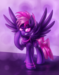 Size: 1650x2100 | Tagged: safe, artist:shad0w-galaxy, oc, oc:neon rave, species:pegasus, species:pony, 80s, 80s hair, abstract background, commission, fluffy, glowstick, male, outrun, pink mane, pink tail, purple, purple background, simple background, smiling, smirk, solo, spread wings, sunglasses, synthwave, wingboner, wings