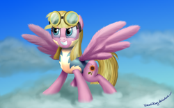 Size: 2000x1250 | Tagged: safe, artist:deathpwny, character:meadow flower, species:pegasus, species:pony, episode:wonderbolts academy, cloud, female, goggles, grin, mare, on a cloud, smiling, spread wings, standing on a cloud, wings, wonderbolt trainee uniform