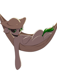 Size: 2893x3708 | Tagged: safe, artist:kebchach, oc, oc only, oc:mint leaf, species:pony, clothing, floppy ears, hammock, hat, looking at you, simple background, solo, tongue out, white background