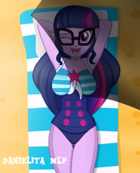 Size: 1024x1265 | Tagged: safe, artist:danielitamlp, character:twilight sparkle, character:twilight sparkle (scitwi), species:eqg human, g4, my little pony: equestria girls, my little pony:equestria girls, arm behind head, armpits, breasts, busty sci-twi, busty twilight sparkle, clothing, female, glasses, looking at you, one eye closed, one-piece swimsuit, signature, smiling, solo, swimsuit, wink