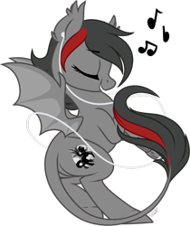 Size: 1024x1221 | Tagged: safe, artist:kellythedrawinguni, oc, oc:silhouette umbrawing, species:bat pony, species:pony, earbuds, female, mare, music notes, simple background, solo, transparent background