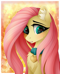 Size: 1945x2410 | Tagged: safe, artist:vird-gi, character:fluttershy, species:pegasus, species:pony, abstract background, adorasexy, beautiful, bust, chest fluff, collar, crying, cute, ear fluff, female, flutterpet, looking away, looking down, mare, open mouth, pony pet, portrait, sad, sadorable, shyabetes, solo