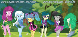 Size: 777x369 | Tagged: safe, artist:charliexe, character:cheerilee, character:juniper montage, character:octavia melody, character:trixie, character:wallflower blush, equestria girls:equestria girls, equestria girls:forgotten friendship, equestria girls:movie magic, equestria girls:rainbow rocks, g4, my little pony: equestria girls, my little pony:equestria girls, spoiler:eqg specials, barrette, baubles, bow tie, breasts, clothing, covering, cutie mark on clothes, dress, embarrassed, eyes closed, female, forest, freckles, glasses, grass, hairclip, hoodie, leaf, legs, looking back, looking down, messy hair, miniskirt, open mouth, pants, patreon, pigtails, pixel pizazz, schrödinger's pantsu, sextet, shirt, show accurate, skirt, skirt lift, socks, standing, strategically covered, sweater, sweater vest, the windy six, thighs, tree, twintails, upskirt, upskirt denied, vest, wind