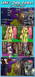 Size: 4000x8779 | Tagged: safe, artist:goatcanon, character:fluttershy, character:lyra heartstrings, character:starlight glimmer, oc, oc:lemontwist, oc:servo, species:pony, my little pony:equestria girls, 3d, captain america, comic, infinity gauntlet, iron man, low poly, marvel, pony to human, source filmmaker, spider-man, super crown, transformation