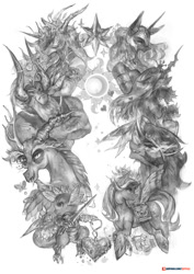 Size: 849x1200 | Tagged: safe, artist:girlsay, character:daybreaker, character:discord, character:king sombra, character:lord tirek, character:nightmare moon, character:princess celestia, character:princess luna, character:queen chrysalis, character:spike, character:starlight glimmer, species:alicorn, species:anthro, species:changeling, species:draconequus, species:dragon, species:pony, species:unicorn, antagonist, changeling queen, female, grayscale, male, monochrome, patreon, patreon logo, saddle bag, simple background, sketch, smiling, white background