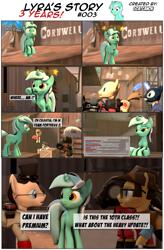 Size: 3929x5995 | Tagged: safe, artist:goatcanon, character:lyra heartstrings, comic:lyra's story, 3d, blood, chat, circling stars, comic, crossover, dead, dialogue, engineer, heavy, hightower, medic, parachute, pyro, remake, scout, sniper, soldier, source filmmaker, spy, team fortress 2, teleportation, toolbox, x eyes