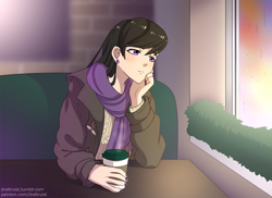 Size: 1233x900 | Tagged: safe, artist:draltruist, character:octavia melody, species:human, clothing, coat, coffee, female, humanized, scarf, sitting, solo, table