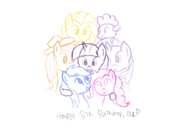 Size: 2224x1668 | Tagged: safe, artist:joey, character:applejack, character:fluttershy, character:pinkie pie, character:rainbow dash, character:rarity, character:spike, character:twilight sparkle, female, happy birthday mlp:fim, hug, mlp fim's eighth anniversary, sketch