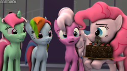 Size: 3840x2160 | Tagged: safe, artist:goatcanon, character:minty bubblegum, character:pinkie pie, character:pinkie pie (g3), character:rainbow dash (g3), g1, g3, 35th anniversary, 3d, anniversary, cake, crossover, food, g1 to g4, g3 to g4, generation leap, generational ponidox, happy birthday mlp:fim, mlp fim's eighth anniversary, ponidox, source filmmaker