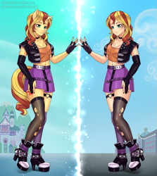 Size: 891x1000 | Tagged: safe, artist:draltruist, character:sunset shimmer, species:anthro, species:human, species:plantigrade anthro, species:pony, species:unicorn, my little pony:equestria girls, belly button, belt, boots, breasts, busty sunset shimmer, clothing, cutie mark, duality, female, high heel boots, human anthrodox, human coloration, humanized, jacket, leather, leather jacket, midriff, miniskirt, nail polish, shoes, skirt, socks, stockings, thigh highs, zettai ryouiki