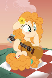 Size: 3693x5526 | Tagged: safe, artist:rambon7, character:pear butter, species:earth pony, species:pony, episode:the perfect pear, g4, my little pony: friendship is magic, absurd resolution, acoustic guitar, blushing, buttercup, cutie mark, female, flower, flower in hair, guitar, mare, milf, mother, musical instrument, scene interpretation, solo