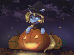 Size: 3200x2400 | Tagged: safe, artist:ardail, oc, oc only, oc:art's desire, species:pony, clothing, female, halloween, hat, holiday, jack-o-lantern, mare, pumpkin, solo, witch, witch hat
