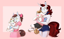 Size: 1280x791 | Tagged: safe, artist:vindhov, oc, oc only, oc:petit choux, oc:scarlet heart, parent:donut joe, parent:rarity, parents:rarijoe, species:anthro, species:pony, species:unguligrade anthro, species:unicorn, abstract background, age progression, anthro oc, baby, blushing, blushing profusely, bow, brother and sister, clothing, covering eyes, dress, drill hair, duo, embarrassed, female, hair bow, male, offspring, onesie, size difference, unshorn fetlocks