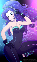 Size: 552x920 | Tagged: safe, artist:draltruist, character:rarity, episode:the other side, g4, my little pony: equestria girls, my little pony:equestria girls, beautiful, belly button, breasts, busty rarity, cleavage, clothing, dress, eyeshadow, fabulous, female, gloves, hand on hip, headphones, lidded eyes, lipstick, looking down, makeup, smiling, solo, stupid sexy rarity