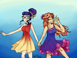 Size: 2000x1500 | Tagged: safe, artist:elisdoominika, character:sunset shimmer, character:twilight sparkle, character:twilight sparkle (scitwi), species:eqg human, ship:scitwishimmer, ship:sunsetsparkle, my little pony:equestria girls, alternate costumes, alternate hairstyle, costume swap, female, holding hands, human coloration, lesbian, one eye closed, peace sign, shipping, smiling, wink