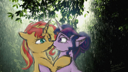 Size: 1920x1080 | Tagged: safe, artist:elisdoominika, character:sunset shimmer, character:twilight sparkle, character:twilight sparkle (scitwi), species:pony, species:unicorn, ship:scitwishimmer, ship:sunsetsparkle, equestria girls ponified, female, imminent kissing, lesbian, looking at each other, mare, ponified, rain, shipping, unicorn sci-twi