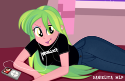 Size: 1024x667 | Tagged: safe, artist:danielitamlp, character:lemon zest, equestria girls:friendship games, g4, my little pony: equestria girls, my little pony:equestria girls, clothing, earbuds, female, heavy metal, ipod, jeans, looking at you, metallica, open mouth, pants, shirt, solo, t-shirt