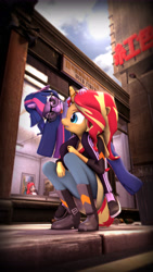 Size: 5400x9600 | Tagged: safe, artist:imafutureguitarhero, character:sunset shimmer, character:twilight sparkle, character:twilight sparkle (scitwi), oc, oc:strawberry cheesecake, species:anthro, species:eqg human, species:plantigrade anthro, species:pony, species:unicorn, ship:scitwishimmer, ship:sunsetsparkle, my little pony:equestria girls, 3d, absurd file size, absurd resolution, adidas, arm freckles, boots, chromatic aberration, clothing, colored eyebrows, cute, equestria girls outfit, female, film grain, floppy ears, freckles, glasses, jacket, jeans, leather boots, leather jacket, lesbian, mare, multicolored hair, nail polish, nose wrinkle, painting, pants, pavement, piggyback ride, road, shipping, shoes, sidewalk, sign, signature, source filmmaker, squatting, street, streetlight, sun, tongue out, trash can, twiabetes, vertical, wall of tags, window