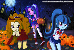 Size: 1288x877 | Tagged: safe, artist:charliexe, character:adagio dazzle, character:aria blaze, character:sonata dusk, g4, my little pony:equestria girls, adoragio, ariabetes, breasts, busty adagio dazzle, candy, cleavage, clothing, costume, crossover, cute, demon, female, food, halloween, halloween costume, holiday, jack-o-lantern, juliet starling, lollipop, lollipop chainsaw, looking at you, night, pigtails, ponytail, pumpkin, pumpkin bucket, reaching out, sailor moon, satan, shoes, sneakers, sonatabetes, stupid sexy adagio dazzle, the dazzlings, town, trick or treat, twintails