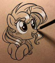 Size: 3024x3506 | Tagged: safe, artist:emberslament, character:sunset shimmer, species:pony, species:unicorn, blushing, boop, breaking the fourth wall, bust, colored pencils, cute, dawwww, drawn into existence, featured on derpibooru, female, fourth wall, happy, hnnng, irl, mare, monochrome, open mouth, pencil, pencil boop, photo, portrait, shimmerbetes, solo, traditional art, weapons-grade cute